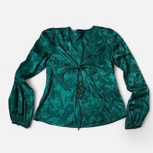 Revolve Vintage Majorelle Emerald Green floral tie-up blouse